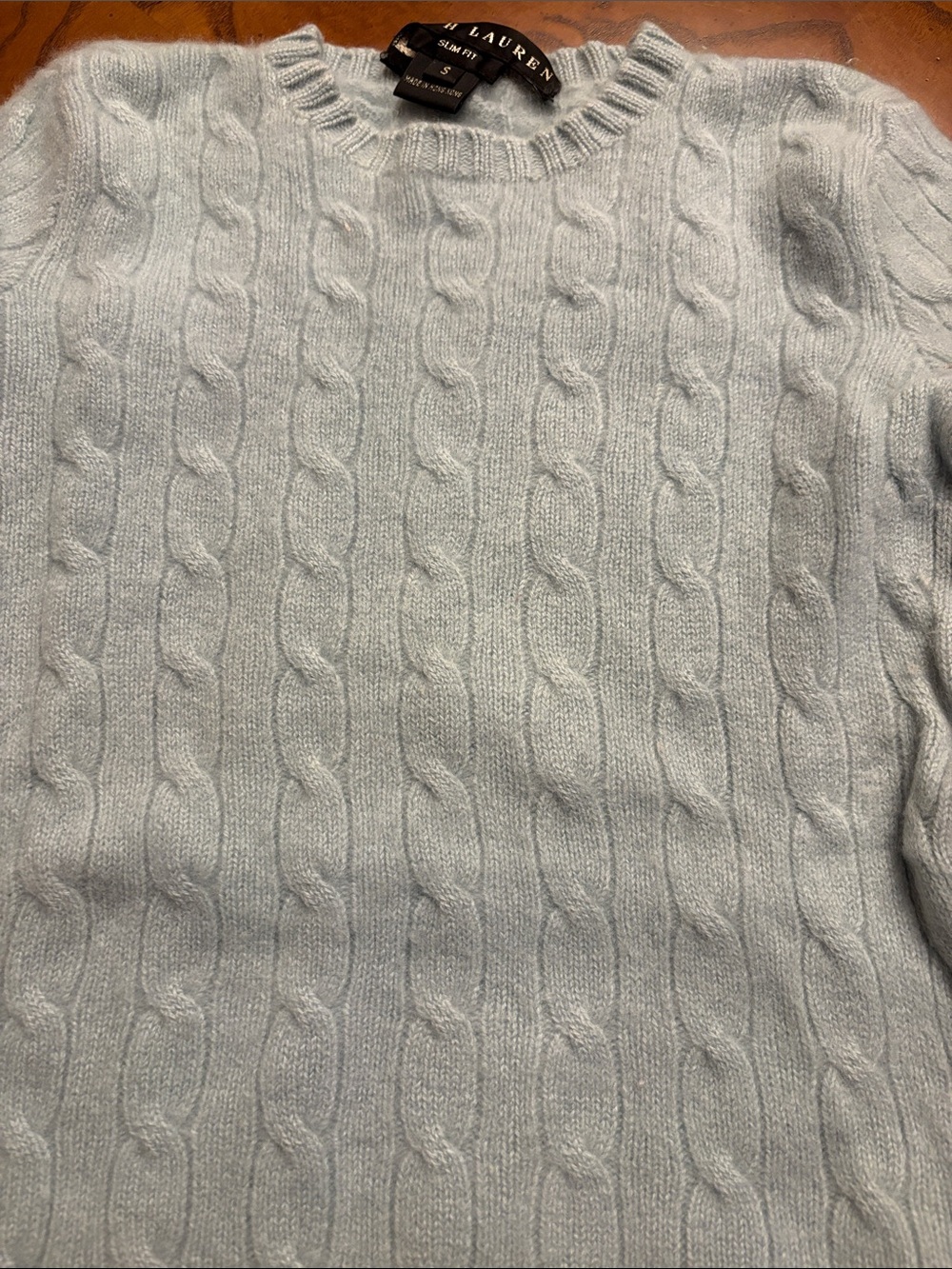 Ralph Lauren Pale Blue Cashmere Cable Knit Crewneck Sweater Small - Picture 7 of 9